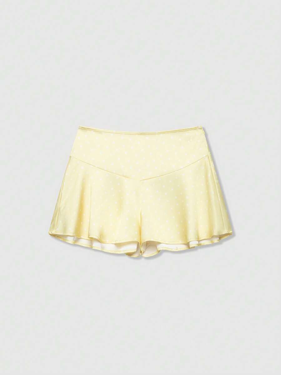 Damen Seidenähnliche Polka Dot Weite Bein Shorts Gelb Sommer - Gelb - Übersicht 1