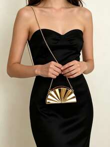 Leichte Luxus Spiegel Fächerförmige Metallfarbene Clutch Tasche, Nischen Design Faltfächer Kette Umhängetasche Kleine Tasche, Hochzeit Jahresfeier Party Abendkleid Tasche, Fotoshooting, Dating, Lippenstift Kopfhörer Aufbewahrungstasche - Gold - Übersicht 3