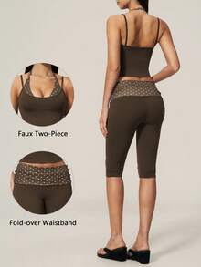 TimeOff Women's One Set Polka Dot 2 In 1 Patchwork V-Neck Halter Tank Top & Folded Waist Mid-Length Pants Sports Set - Brown - View 10