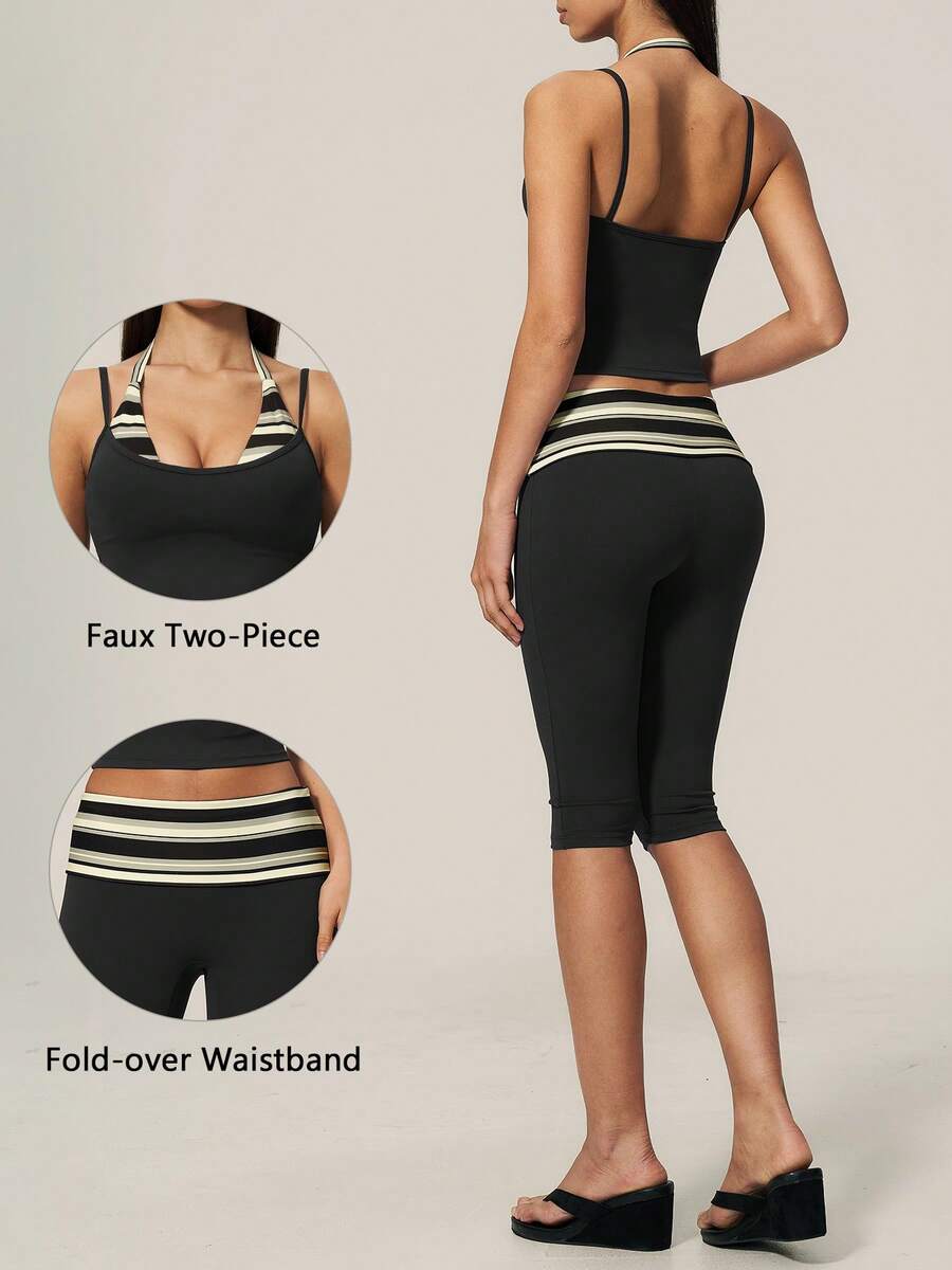 TimeOff Women's One Set Striped 2 In 1 Spaghetti Strap Tank Top And Folded Waist Mid-Length Shorts Gym Running Workout Set - Black - View 1
