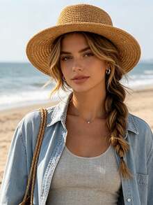 1pc Women's Straw Hat, Bohemian Polyester Fiber Fashion Outdoor New Style, Wide Brim Personalized Sun Protection Breathable Solid Color Straw Hat Suitable For Daily Outdoor Travel - Multicolor - View 11