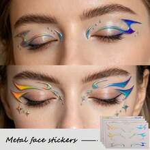 4 Sheets Y2K Eyeliner Style Metallic Silver Face Decor Stickers , Waterproof Eye Eyeliner Stickers For Festival Party Makeup - Multicolor - View 2