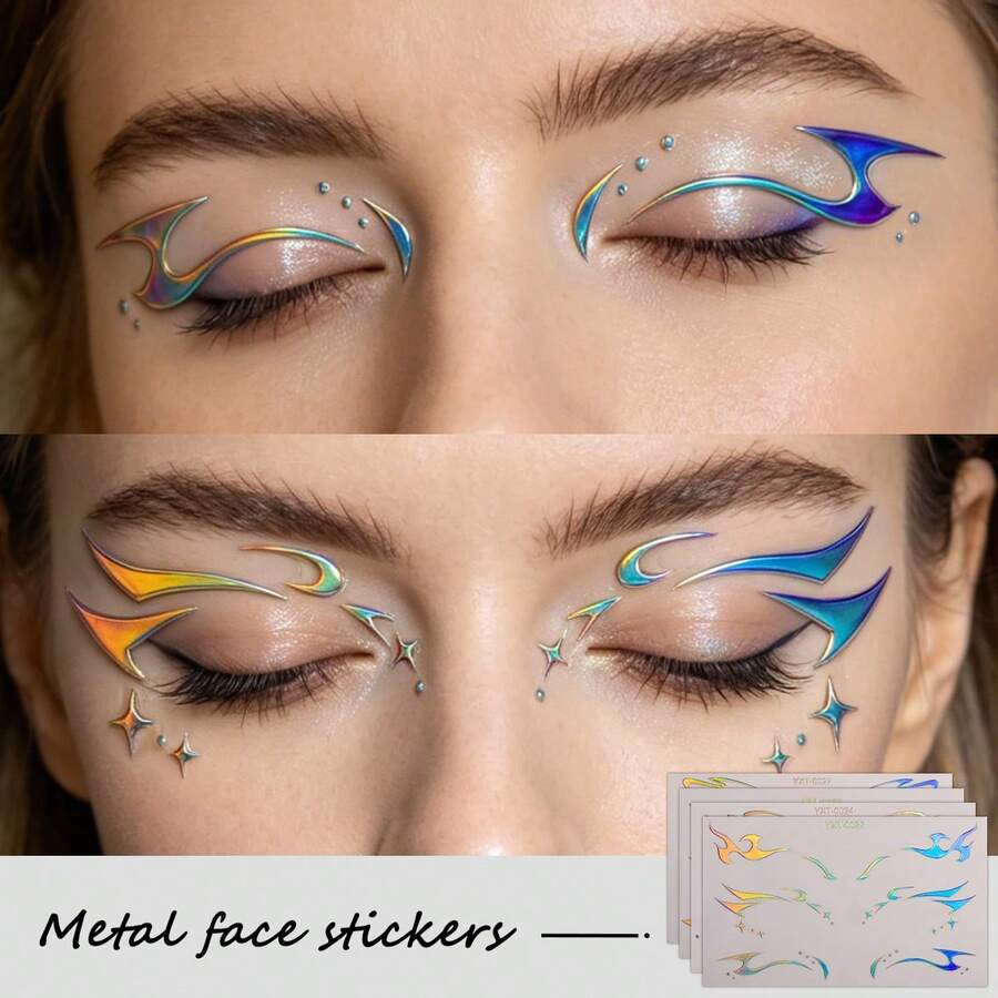 4 Sheets Y2K Eyeliner Style Metallic Silver Face Decor Stickers , Waterproof Eye Eyeliner Stickers For Festival Party Makeup