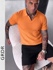 GRDR Men's Casual Solid Color Short Sleeve Ribbed Knit Sweater - Orange - View 12