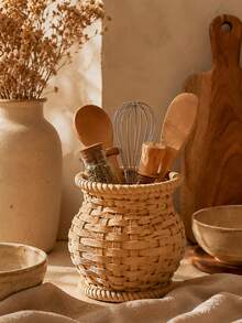 1pc Round Woven Rattan Kitchen Organizer, Wicker Utensil Holder And Countertop Storage Basket For Spatulas, Spoons, Whisks, Cutlery And Chopsticks - Multicolor - View 5