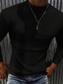 New Men's Casual Classic Ribbed Texture Mock Neck Versatile Long Sleeve T-Shirt - Black - View 4