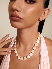 Altistry 1pc Asymmetrical Pearl Bead Decor Women Elegant Fashion Necklace, Versatile For Daily Wear - Beige - View 3