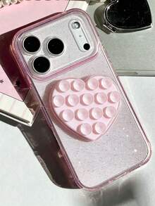奢華亮片閃亮透明軟質手機背殼，相容 iPhone 17 Pro Max 17 16 15 14 13 Pro Max 15 16 Plus 17Air，閃亮相機保護蓋 - 透粉+愛心吸盤 - 查看 2