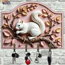 2D Flat 1pc Squirrel Branch Design Wooden Multi-Function Key Holder, With 4 Metal Hooks, Wall Decor, Porch Decor, Room Decor - Khaki - View 3