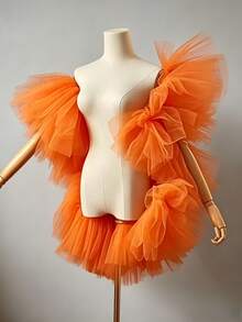 1 pc Selendang Bahu Tulle Ruffle Oranye Bulu Halus Jaring Pengantin Gaya Fairycore Jubah Pernyataan untuk Pesta Pernikahan Festival Panggung dan Pemotretan - Burnt Orange - View 7