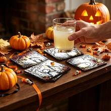 4pcs Farmhouse Style Halloween Wooden Coasters, 5mm Thick Watercolor Ghost Pumpkin Non-Slip Drink Coasters, Autumn Tabletop Home Decor - Multicolor - View 4