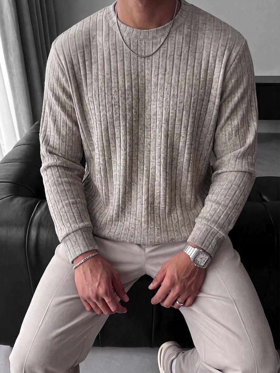Men's Vintage Vertical Rib Knit Crew Neck Drop Shoulder Long Sleeve Pullover Sweater, Minimalist Casual Daily Commute - Khaki - View 1