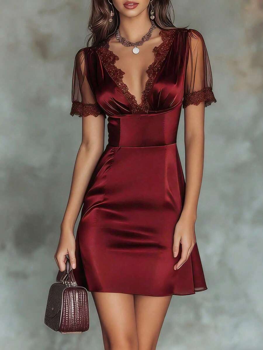 Vuslat 女款秋季緞面優雅蕾絲拼接收腰性感 V 領酒紅色短袖洋裝,適合優雅派對、畢業典禮、婚禮賓客、辦公穿搭、夏季出遊、度假穿搭、日、萬聖節、生日派對 - 紅色 - 查看 1