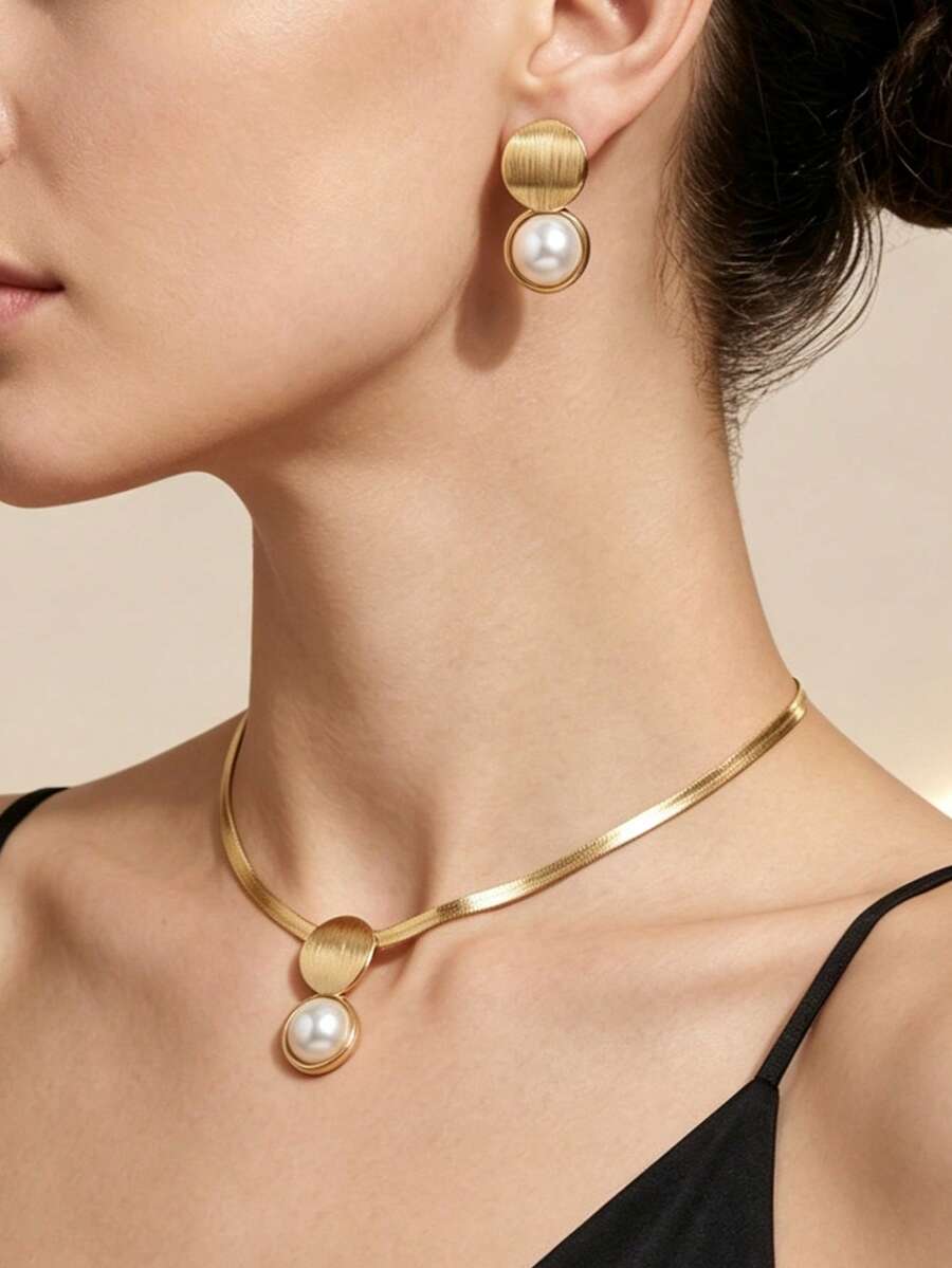 2pcs/Set Fashionable Exquisite High-End Geometric Round Earrings And Snake Bone Necklace, Suitable For Women's Party And Casual Wear - Golden Yellow/white - View 1