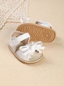 1 Pair Infant Girl Solid Color Pattern Bow Flat Fashion Versatile Breathable Sandals Suitable For Summer - White - View 6