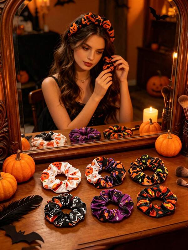 1/5/10pcs Halloween Hair Scrunchies, Halloween Scary Hair Ties, Pumpkin Hair Bands, Halloween Hair Ropes, Ghost Pumpkin Spider Bat Hair Accessories