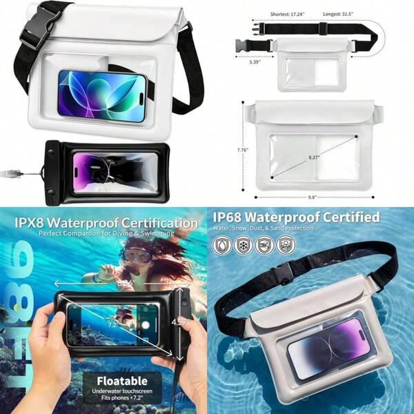 Waterproof Set 2 Pcs: 9.8" Clear With Waterproof Phone Case -7" Phone Pouch, IPX8 Floating Water Proof Belt Bag With Adjustable Strap For Cruise Beach Swim Essentials