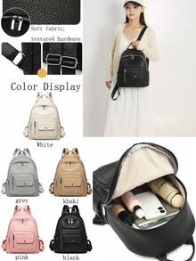 1pc Fashionable Avant-Garde Campus Style Multi-Pocket Solid Color PU Faux Leather Backpack, Women's New Minimalist Versatile Shopping Shoulder Bag - Multiple Colors - View 2