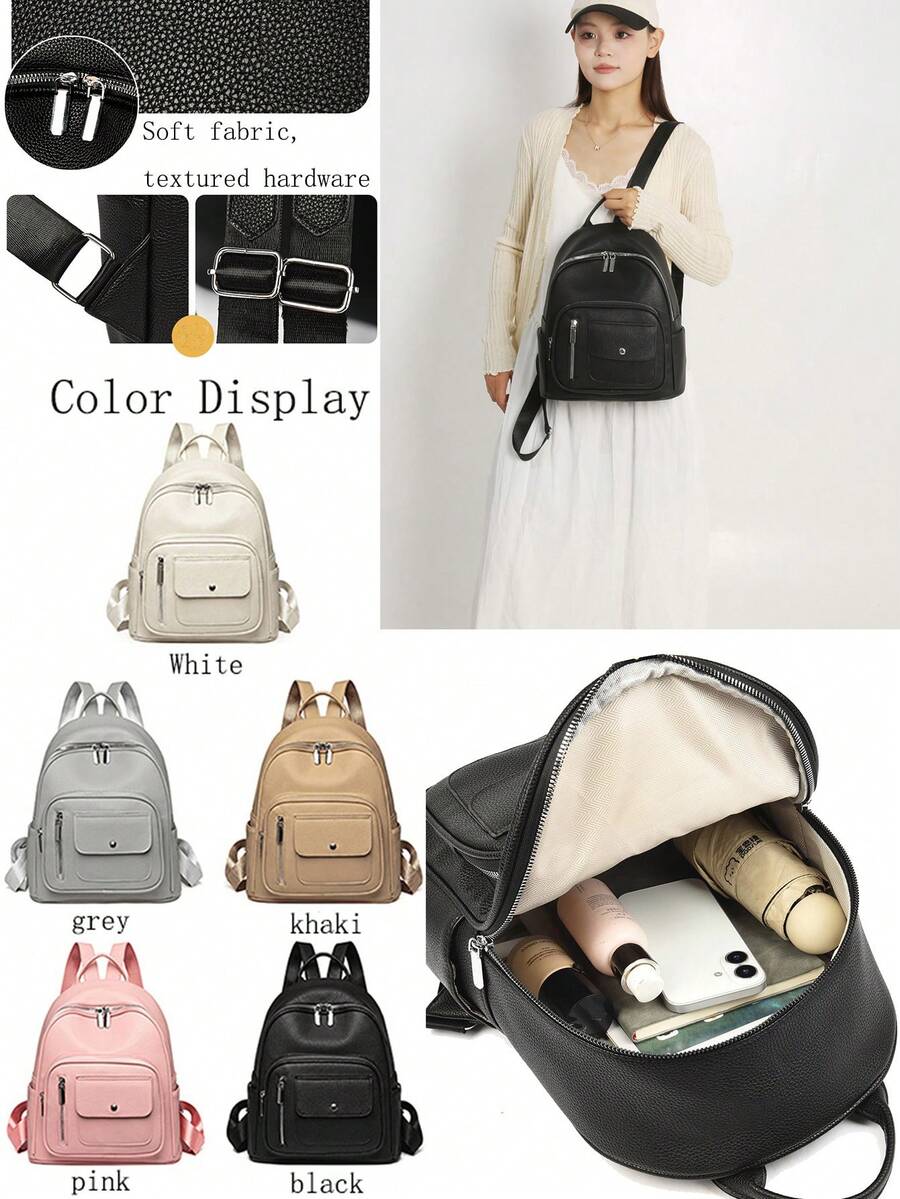 1pc Fashionable Avant-Garde Campus Style Multi-Pocket Solid Color PU Faux Leather Backpack, Women's New Minimalist Versatile Shopping Shoulder Bag