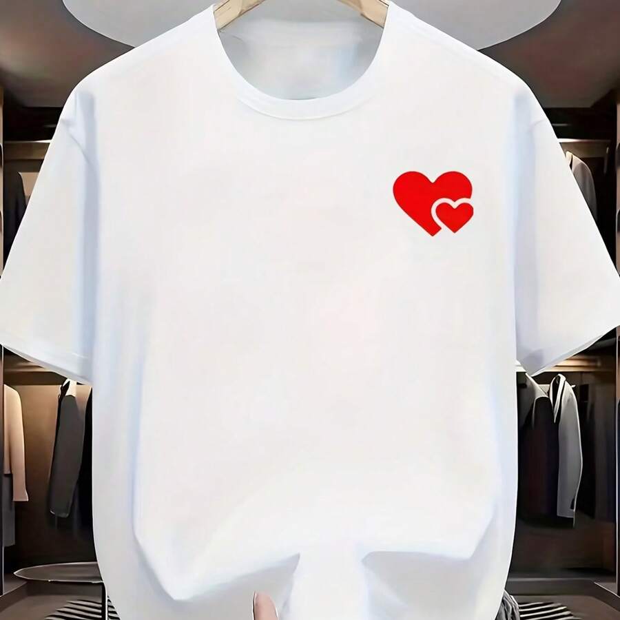 Men' Red Double Heart Print T-Shirt - Minimalist Round Neck Short Sleeve Casual Summer Top With Left Chest Suitable For Casual Attire - White - View 1
