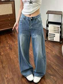 1pc Women's Vintage Washed Pocket Wide Leg Jeans, Casual Versatile Solid Color Loose Straight Leg Denim Pants - Blue - View 3