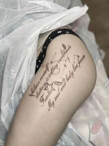 STARTTOOS 1pc Large Arm Tattoo Sticker, Black Star Moon Feather English Cursive Pattern, Temporary Tattoo Sticker For Arm, Waist, Abdomen, Shoulder, Neck, Collarbone, Leg, Party Gift, Holiday Gift - Black - View 4