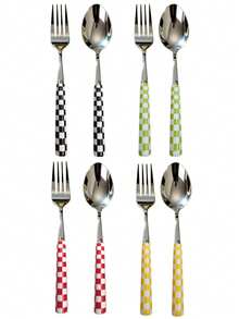 2/12pcs Unique Plaid Pattern Stainless Steel Cutlery Set, Elegant Porcelain, Multiple Colors, Includes Ceramic Handle Utensils, Creative Kitchen, Includes Forks And Spoons, Suitable For Daily Dining - Multicolor - View 8