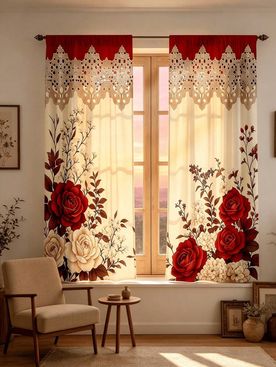 2 Stück beige und burgunderrote Rosenblumen-Spitzenbesatz bedruckte Vorhänge, Vintage romantische flache Druckvorhänge, ohne Futter, ohne Kordelzug - Verschiedenfarbig - Übersicht 1