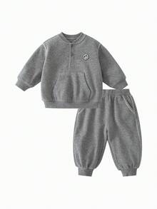 mini bala Baby Boys Girls Ribbed Cotton 2 Pieces Outfit Half Placket Sweatshirt Jogger Pants Set Soft Autumn Wear - Medium Gray - View 1
