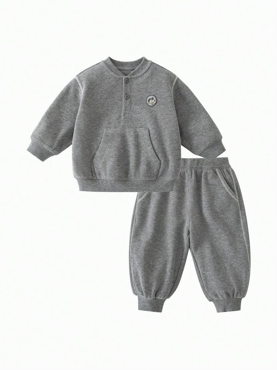 mini bala Baby Boys Girls Ribbed Cotton 2 Pieces Outfit Half Placket Sweatshirt Jogger Pants Set Soft Autumn Wear - Medium Gray - View 1