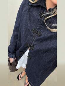 Women's Casual Vintage New Chinese Style Frog Button Long Sleeve Loose Fit Denim-Like Jacket With Pockets, Solid Color, Suitable For Commuting, Daily Wear And Dating - Dark Blue - View 4