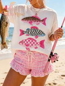 Women's Loose Fit"Leopard Zebra Pattern Fish"Printing T Shirt,Bohemian Lakeside Fishing Summer Aesthetics,Autumn Outfits,Suitable For Concerts,Vacatio - 白色 - 查看 1