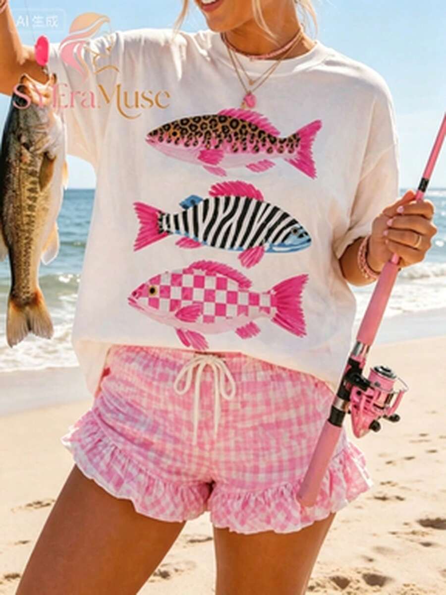 Women's Loose Fit"Leopard Zebra Pattern Fish"Printing T Shirt,Bohemian Lakeside Fishing Summer Aesthetics,Autumn Outfits,Suitable For Concerts,Vacatio - 白色 - 查看 1