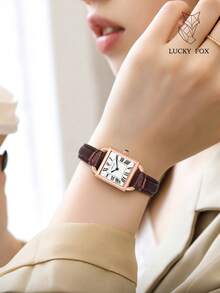 LUCKYFOX 1件青少年學生簡約休閒鋅合金復古石英方盤PU皮革錶帶手錶，適合日常佩戴 - 棕色 - 查看 4