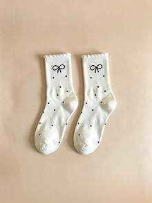 4 pares de calcetines de media caña con volantes y lazos para mujer, nuevos calcetines slouch con lunares y lazos de encaje estilo Ins, calcetines de media caña para estudiantes - Multicolor - Ver 4