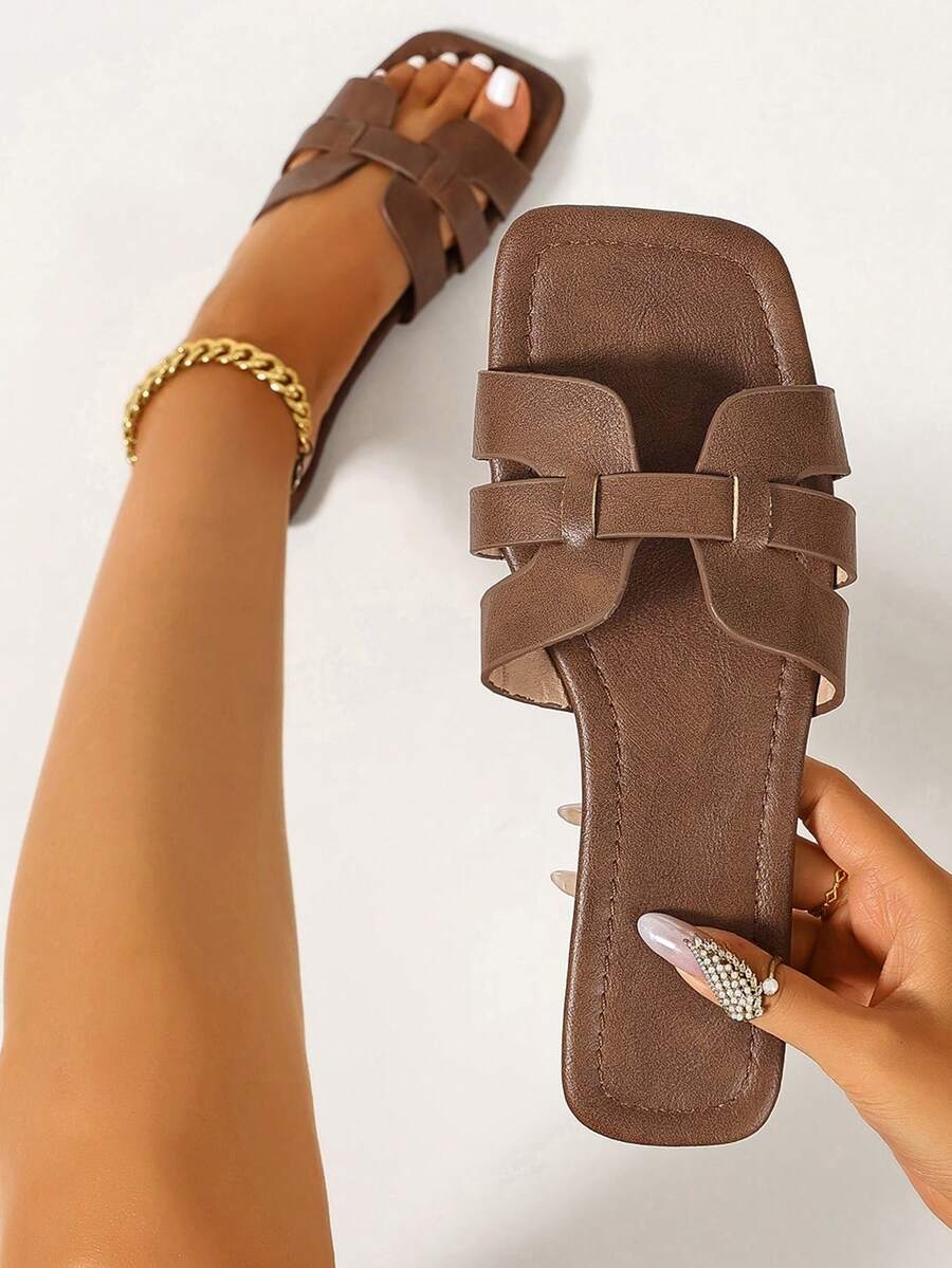 Ximi Ruo Women's Spring/Summer New Fashion Casual Slide Sandals, Comfortable Flat Low-Heel Round-Toe Slip-On Beach Shoes, Simple Versatile Outdoor Sandals For Women, Summer - Coffee Brown - View 1