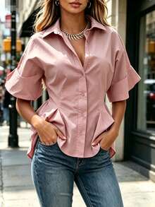 Women's Woven Fabric Short Sleeve Shirt Collar Top, Asymmetric Hem And Bell Sleeves, Regular Length Fashion Top Pink Summer - Pink - View 2