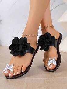 Women's 3D Flower Toe-Post Sandals, Flat Rhinestone Butterfly Pattern Flip Flops, Summer Vacation Beach Casual Sandals - Black - View 5