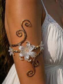 1pc Fashion Elegant Exaggerated Creative Open Adjustable Wrap-Around Arm Cuff With Micro-Inlaid Artificial Crystal Faux Pearl Flower Shell Design, Suitable For Women's Daily Wear, Vacation And Party - Gold - View 1