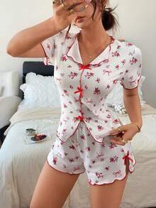 Women's Pajama Set, Lapel Short Sleeve And Slit Shorts Red Floral Bow Pajamas. Two Pieces Women's Pajama Set, Cute Pajamas. - White - View 4