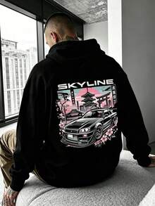 Plus Size Men's Letter Graphic Hooded Casual Daily Long Sleeve Sweatshirt - Black - View 1