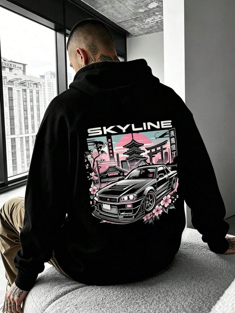 Plus Size Men's Letter Graphic Hooded Casual Daily Long Sleeve Sweatshirt - Black - View 1
