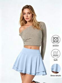 1pc Women's Sports Skirt, High Waist Running Skort With Pockets, 2 In 1 Design - Baby Blue - View 5