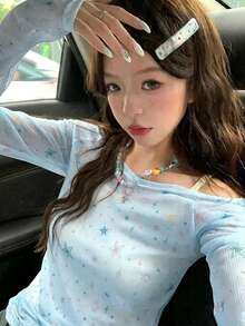 美式辣妹風露肩長袖防曬罩衫，小眾修身顯身材休閒上衣，女款 - 藍色 - 查看 3