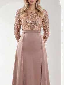 YISIKADO Women's Elegant Sequins Long Sleeve Maxi Mermaid Formal Party Dress With Round Neck - Champagne - View 6