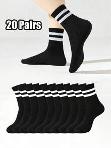 5/10/20 Pasang Kaos Kaki Unisex Bergaris Hitam Lembut dan Nyaman Setinggi Betis, Cocok untuk Pemakaian Sehari-hari - MultiWarna - View 5