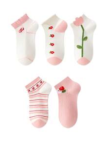 ZUJO 5 Pairs Women's Short Socks, Floral Cartoon Animal Pattern, Simple And Comfortable, Suitable For All Seasons - Multicolor - View 7