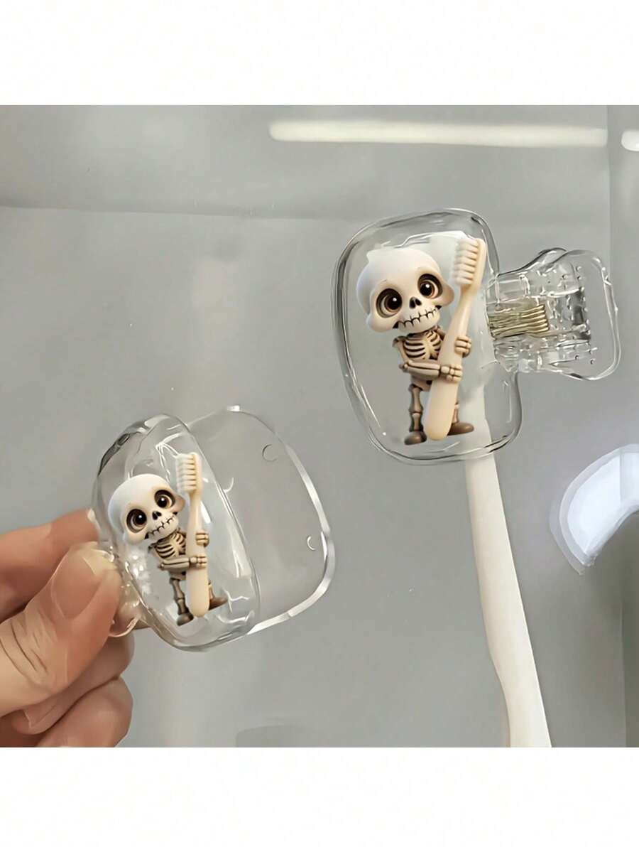 1/2pcs,Cute Mini Skeleton Wall Mounted Toothbrush Holder, Self Adhesive Punch-Free Transparent Toothbrush Protective Cover, Funny Spooky Halloween Bathroom Decor, Waterproof Toothbrush Storage Rack For Restroom Shower Home Ornament. - Multicolor - View 1