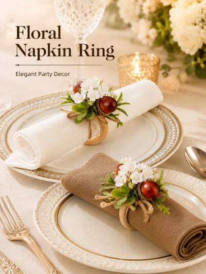 1 pieza Anillo para servilleta de estilo pastoral vintage, decorado con flores blancas, hojas verdes y bayas artificiales, envuelto con cuerda de cáñamo, atmósfera suave de campo, adecuado para boda, fiesta de té nupcial, cena formal, reunión festiva y otra decoración de mesa