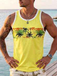 Men's Vacation Style Coconut Tree Print Tank Top, Summer Beach Casual Sleeveless Shirt - Yellow - View 3